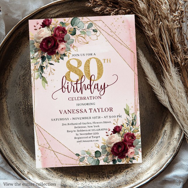 Invitation Fleurs d'or Boho Classic Merlot 80e anniversaire (Classic Boho Merlot Gold Flowers 80th Birthday Invitation)