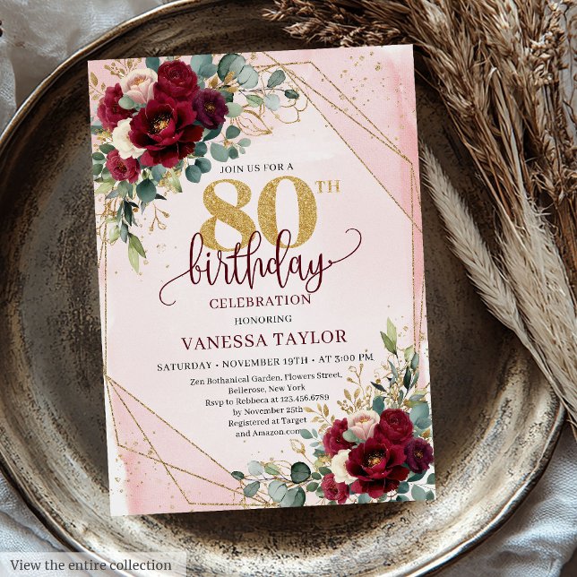Invitation Fleurs d'or Boho Marsala tendance 80e anniversaire (Trendy Boho Marsala Gold Flowers 80th Birthday Invitation)