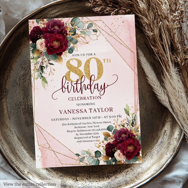 Invitation Fleurs d'or brillantes rousses 80 Anniversaire (Glamorous Deep Red Blush Gold Flowers 80th Birthday Invitation)