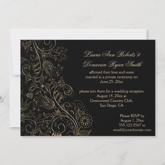 Invitation Fleurs d'or croquées sur Mariage noir (Devant)