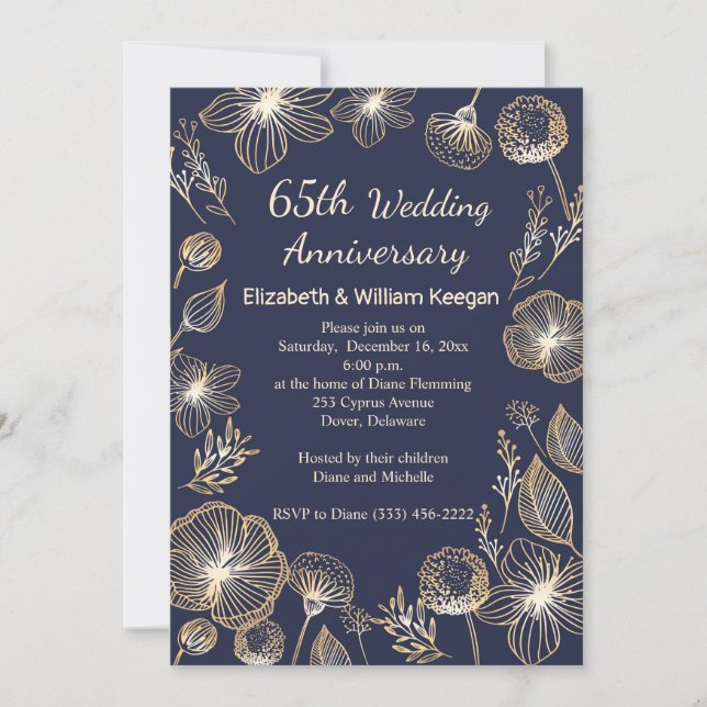 Invitation Fleurs d'or en bleu 65e anniversaire de Mariage (Devant)