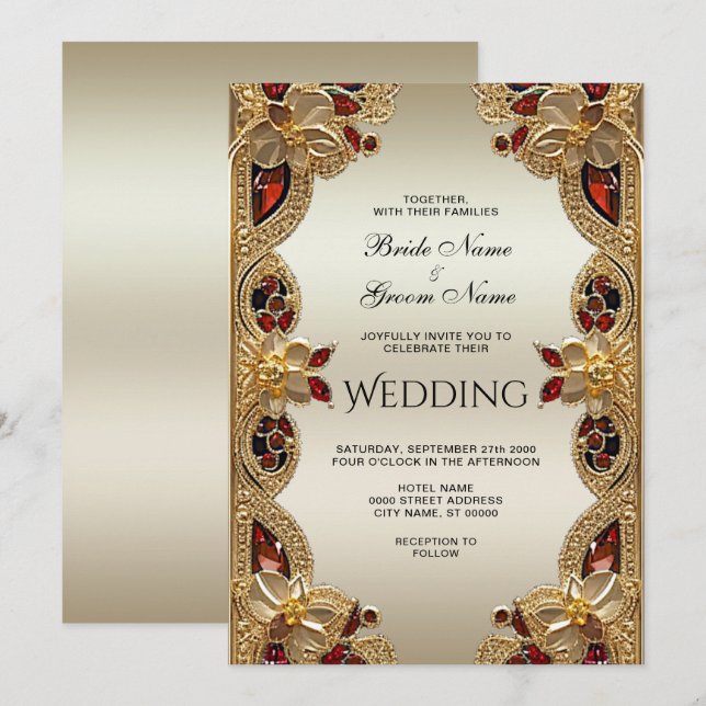 Invitation Fleurs d'or Mariage en pierre rouge (Devant / Derrière)