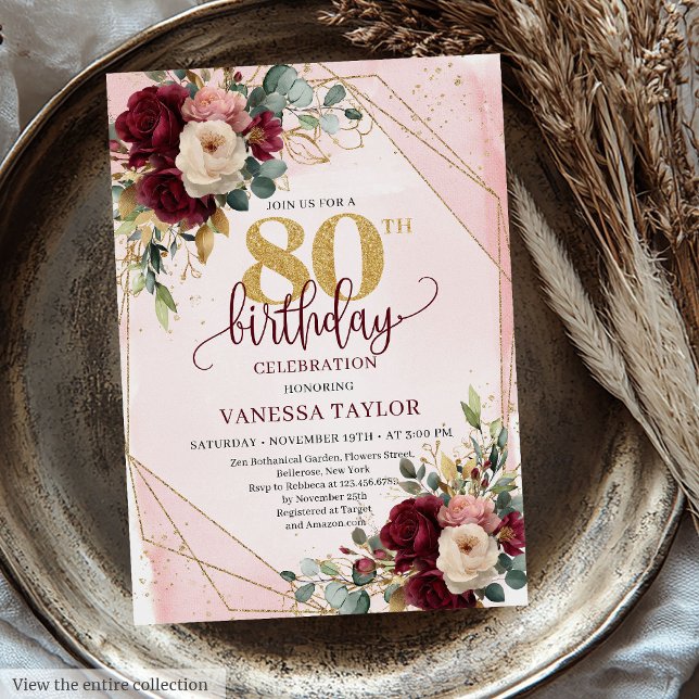Invitation Fleurs d'or Merlot Boho Whimsical 80e anniversaire (Whimsical Boho Merlot Gold Flowers 80th Birthday Invitation)