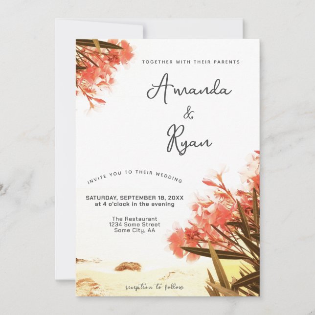 Invitation Fleurs d'or orange sur le mariage de plage (Devant)