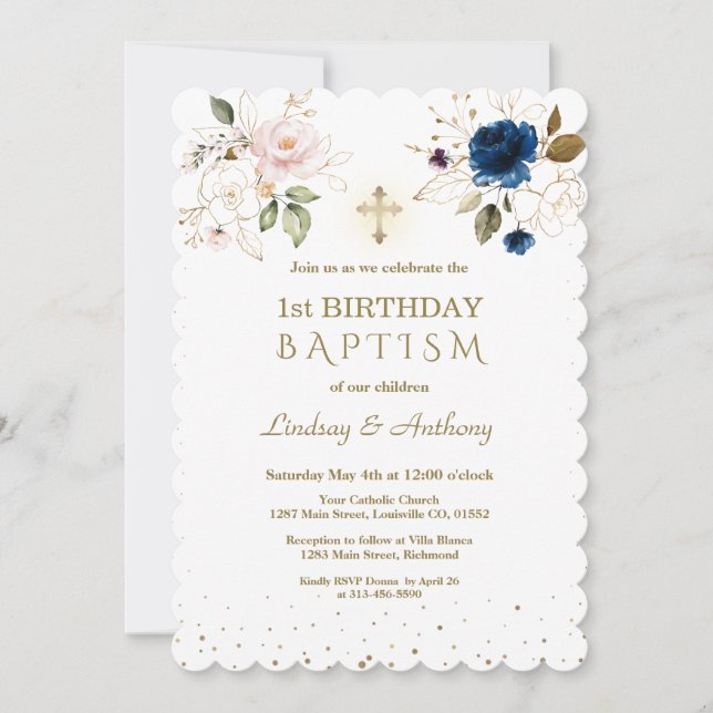Invitation Fleurs d'or rose bleu Jumeaux 1er anniversaire Bap (Devant)