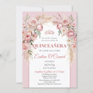 Invitation fleurs d'or rose pampas herbe boho Quinceañera