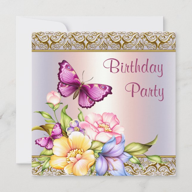 Invitation Fleurs d'or rose papillon Fêtes d'anniversaire (Devant)