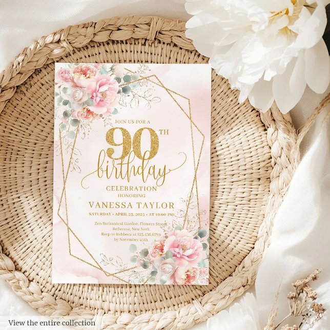 Invitation Fleurs d'or rose pastel classique 90e anniversaire (Classic Pastel Pink Gold Flowers 90th Birthday Invitation)