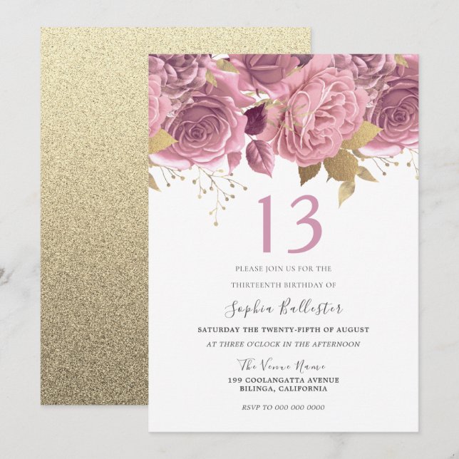 Invitation Fleurs d'or rose vif Filles 13e fête d'anniversair (Devant / Derrière)