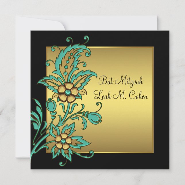 Invitation Fleurs d'or turquoise Bat mitzvah d'or noir (Devant)