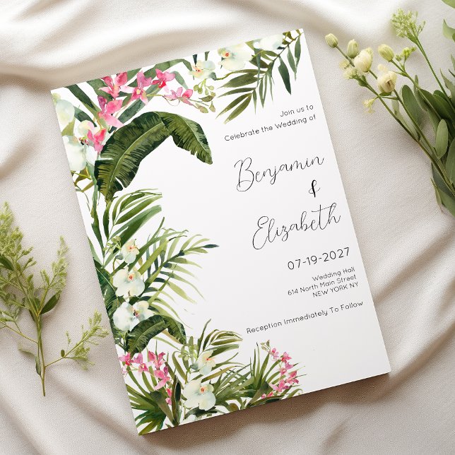 Invitation Fleurs d'orchidée tropicale rose blanc Mariage (Pink white tropical orchid flowers Wedding )