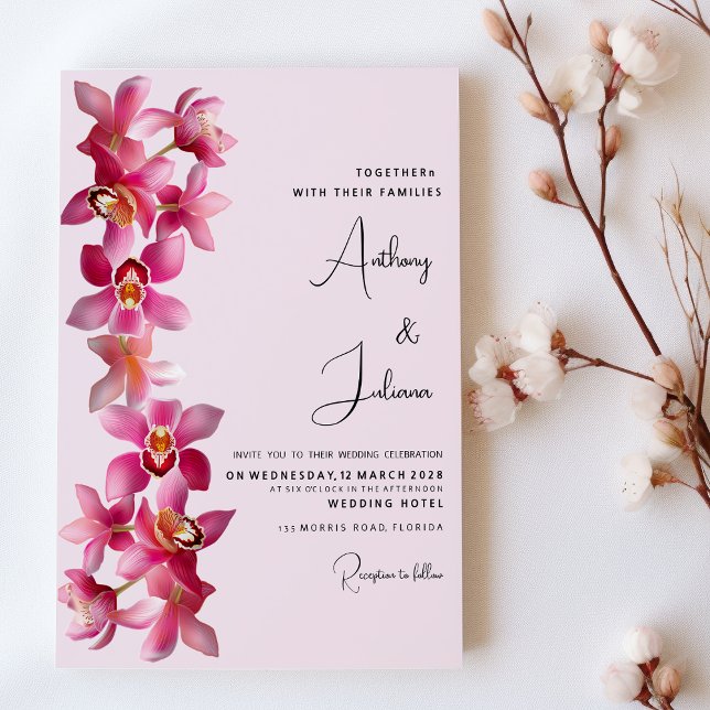 Invitation Fleurs d'orchidées roses bordeaux Mariage Botaniqu (Botanic pink burgundy orchids flowers Wedding)
