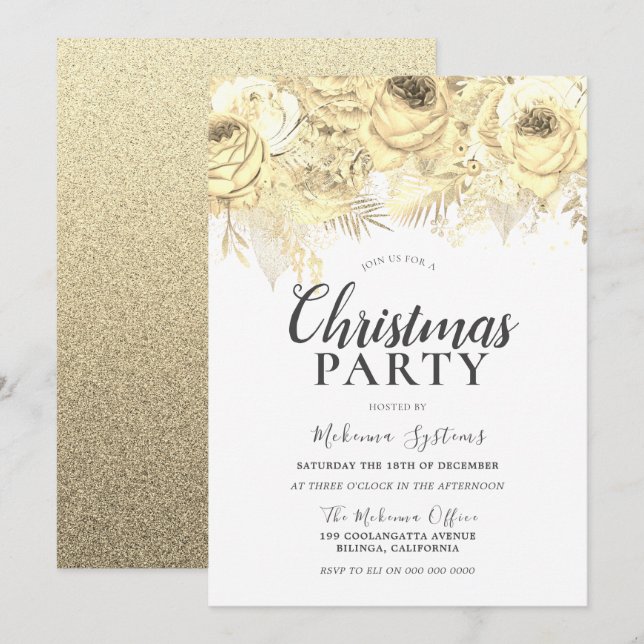 Invitation Fleurs dorées Fête de Noël d'entreprise (Devant / Derrière)