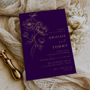Invitation Fleurs Dorées Mariage Moderne Violet