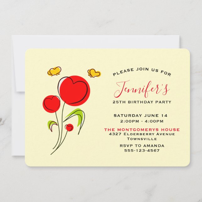 Invitation Fleurs du Coeur Rouge mignonnes Anniversaire (Devant)