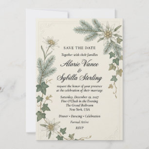 Invitation Fleurs Edelweiss, aiguilles de pin, feuilles de li
