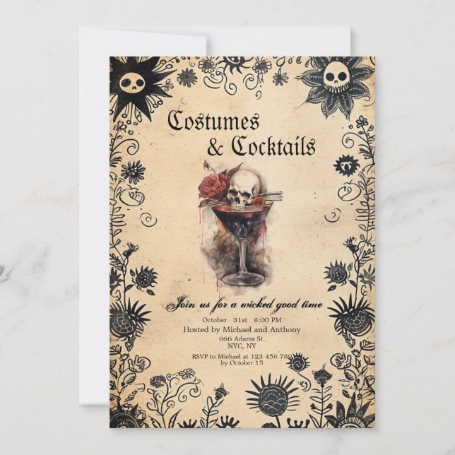 Invitation Fleurs éffrayantes Et Costume Scull Fête D'Hallowe (Devant)