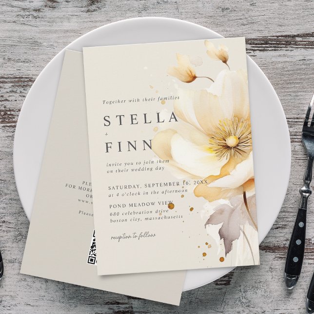 Invitation Fleurs élégantes Blanc Jaune Or QR Code Mariage (Elegant Flowers White Yellow Gold QR Code Wedding Invitation)