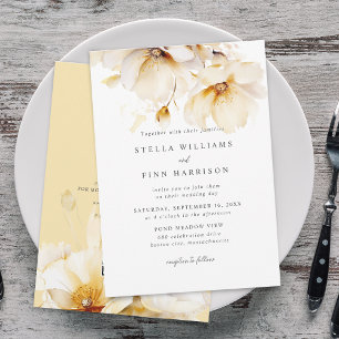Invitation Fleurs élégantes Blanc Jaune Or QR Code Mariage