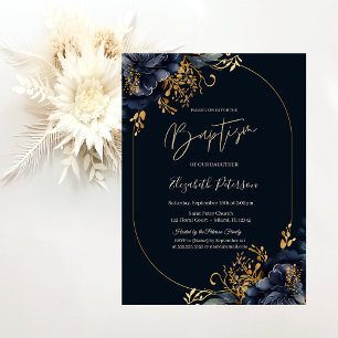 Invitation Fleurs élégantes bleu marine Baptême