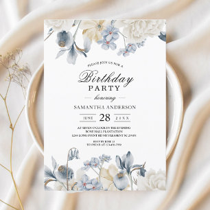 Invitation Fleurs Élégantes Bleues et Blanches d'Hiver
