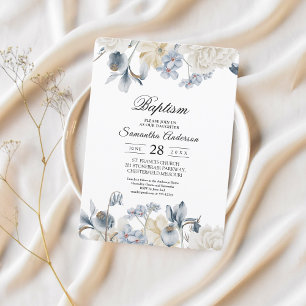 Invitation Fleurs Élégantes Bleues et Blanches d'Hiver