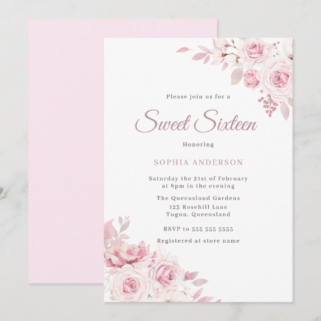 Invitation Fleurs élégantes doux Blush Sweet 16 Party (Devant / Derrière)
