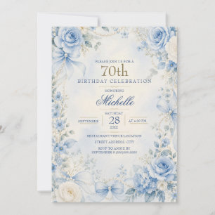 Invitation Fleurs élégantes en bleu poudré avec noeud en perl