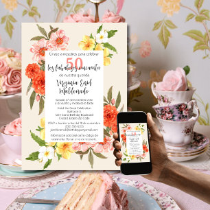 Invitation Fleurs Élégantes Espagnoles Cadre Blanc 50e Annive