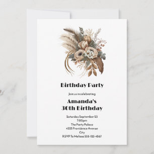 Invitation Fleurs Élégantes Feuillage et plumes Anniversaire