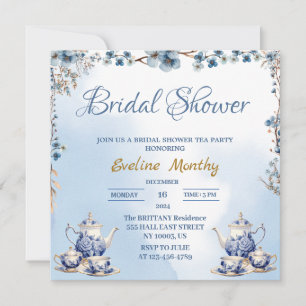 Invitation fleurs élégantes poussiéreuses bleues thé party en