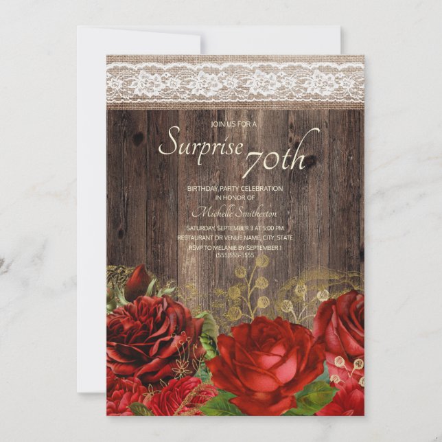 Invitation Fleurs en or rouge bois rustique Burlap Surprise 7 (Devant)