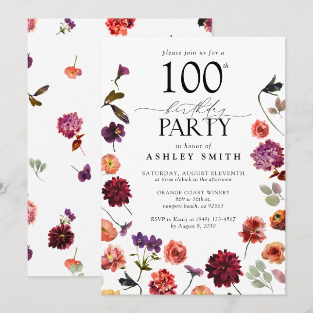 Invitation Fleurs en terre cuite 100e fête d'anniversaire Élé (Devant / Derrière)