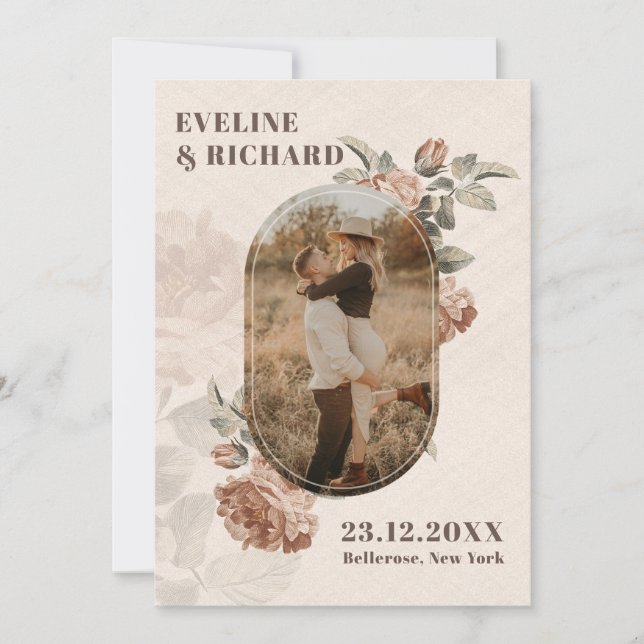 Invitation Fleurs en terre cuite moderne arche feuilles verts (Devant)