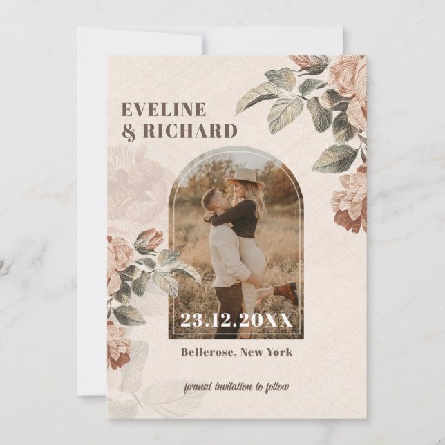 Invitation Fleurs en terre cuite moderne arche feuilles verts (Devant)