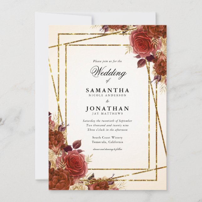 Invitation Fleurs en terre cuite Parties scintillant d'or Mar (Devant)