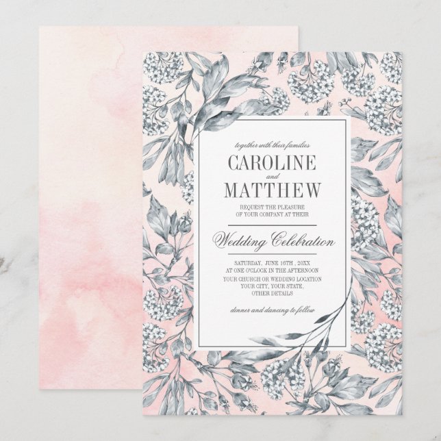 Invitation Fleurs esquissées Aquarelle Bleu Mariage rose (Devant / Derrière)