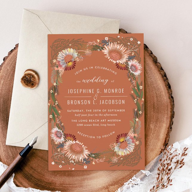 Invitation Fleurs esquissées Unique Mariage orange en terre c (Créateur téléchargé)