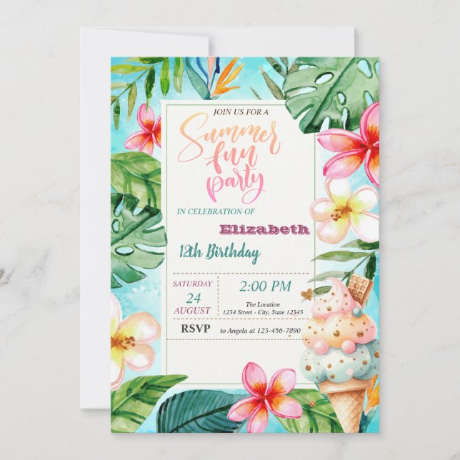 Invitation Fleurs estivales de crème glacée Cone Fête d'anniv (Devant)