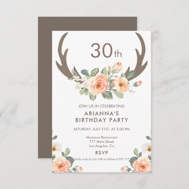 Invitation Fleurs et Antlers de Cerfs Anniversaire (Devant / Derrière)