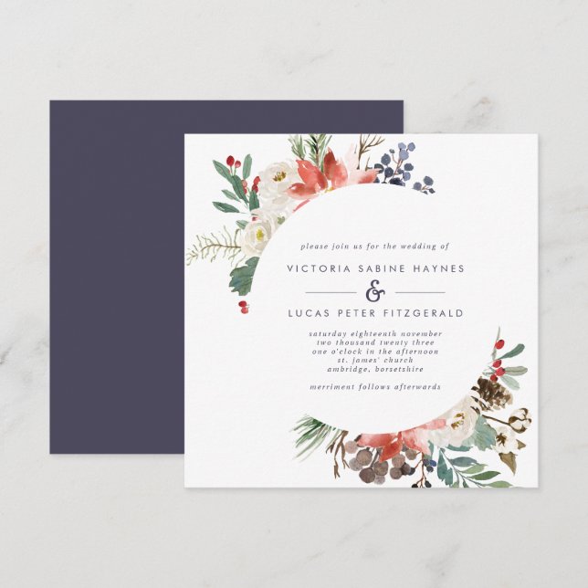 Invitation Fleurs et baies d'hiver Mariage rouge et marine (Devant / Derrière)