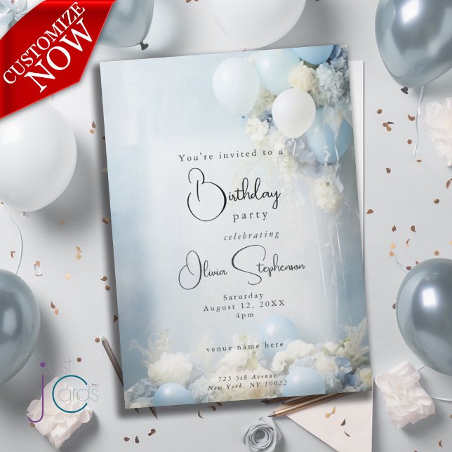 Invitation Fleurs et ballons bleu poussiéreux QR Anniversaire (Easily customized text )
