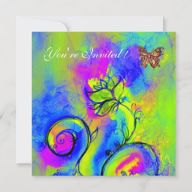 Invitation FLEURS ET BUTTERFLIES BLANCHES bleu violet vert (Devant)