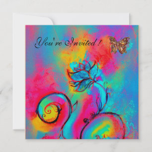 Invitation FLEURS ET BUTTERFLIS BLANCS bleu rose