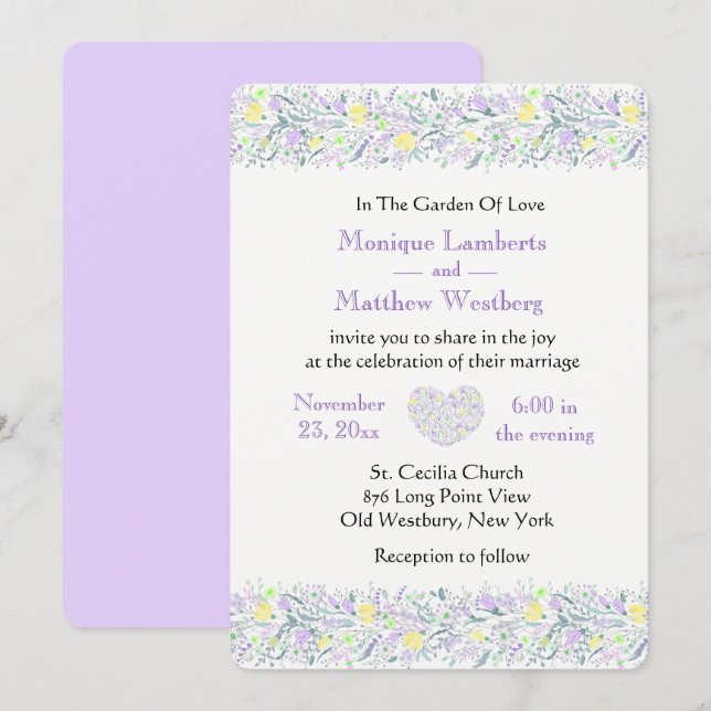 Invitation Fleurs et coeurs de mariage floraux violets et jau (Devant / Derrière)