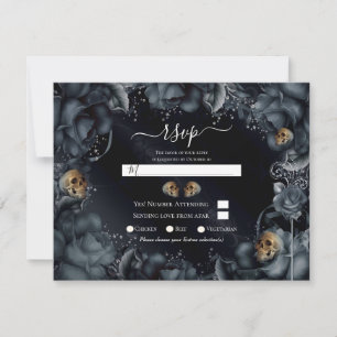 Invitation Fleurs et crânes bleu gris fumé, réponse au mariag