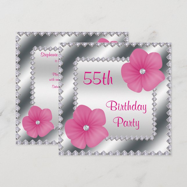 Invitation Fleurs et diamants roses 55e anniversaire (Devant / Derrière)