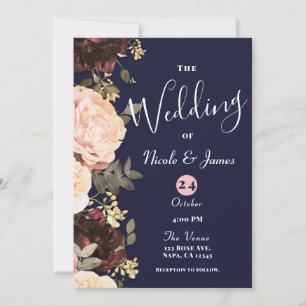Invitation Fleurs et feuillage rose et bordeaux mariage bleu