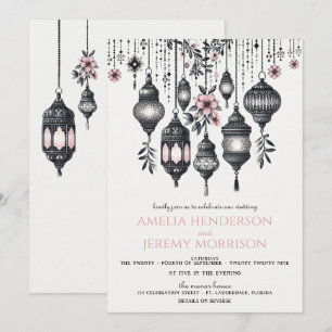 Invitation Fleurs et lanternes roses Détails Mariage