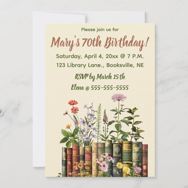 Invitation Fleurs et livres modifiables pour anniversaire (Devant)